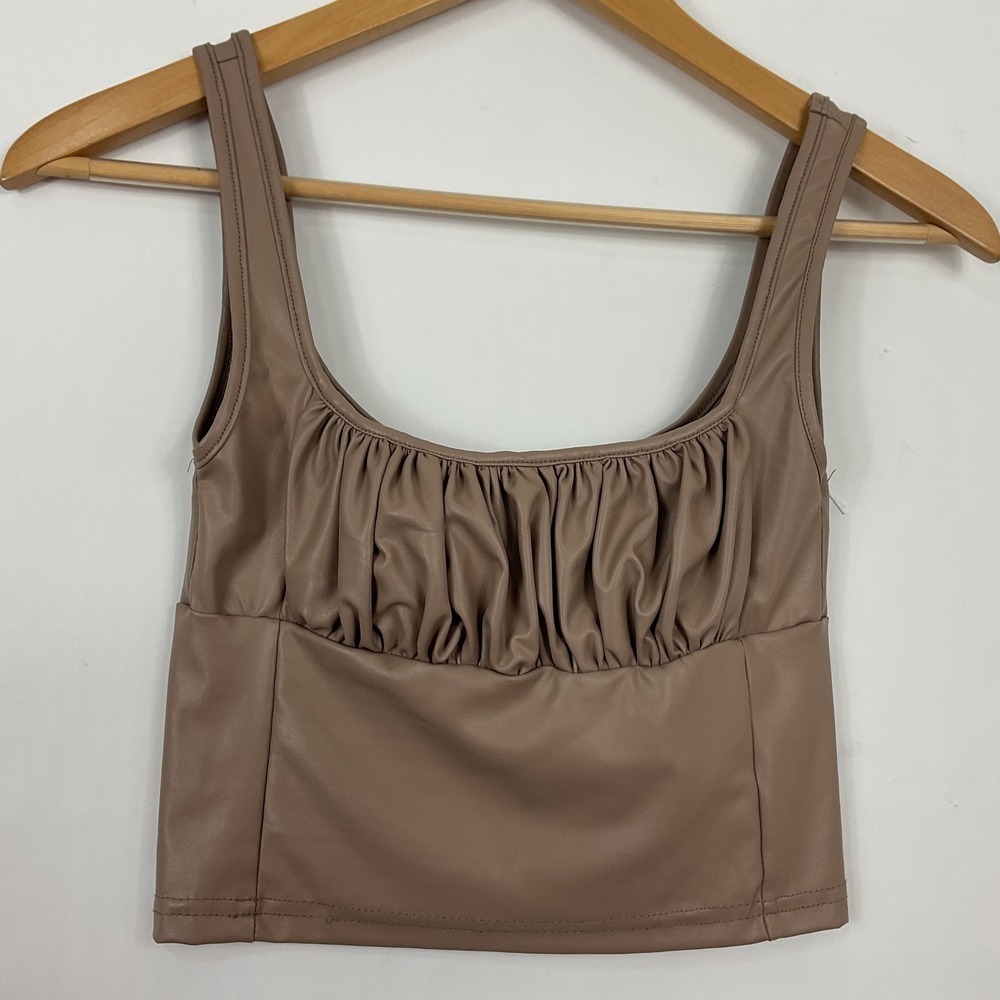 Sky to Moon Faux Leather Ruched Front Tank Top Sleeveless Brown Large